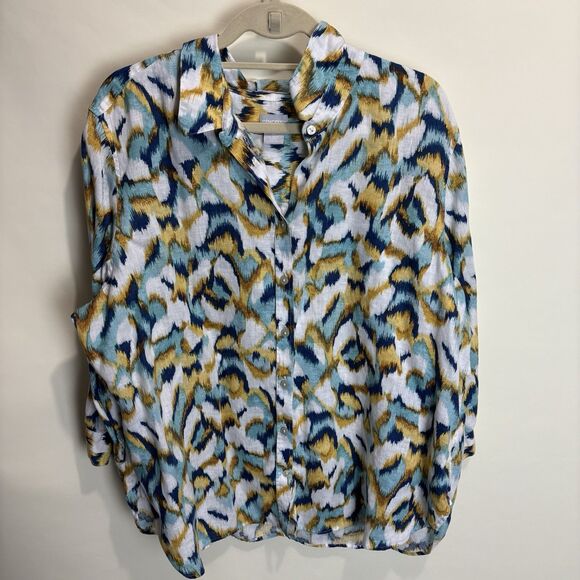 Chico's No-Iron Colorful Ikat Print Linen Long Sleeve Button-Down Shirt Sz 4/20 - Picture 4 of 9